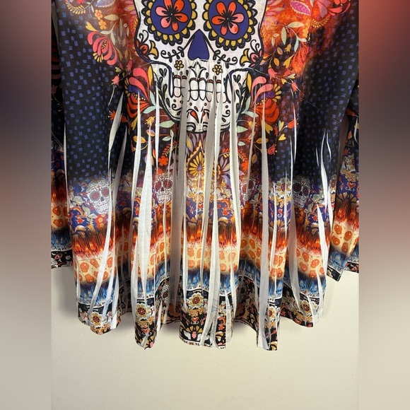 One World Tunic Top XL Sugar Skull Rhinestone Halloween 3/4 Sleeve Fall High Low - Picture 10 of 11